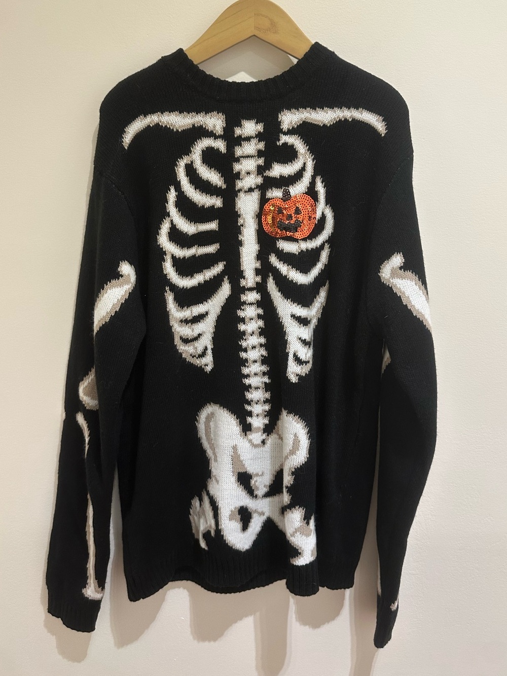 Black Crewneck Skeleton Knit Sweater with Pumpkin Accent Halloween
